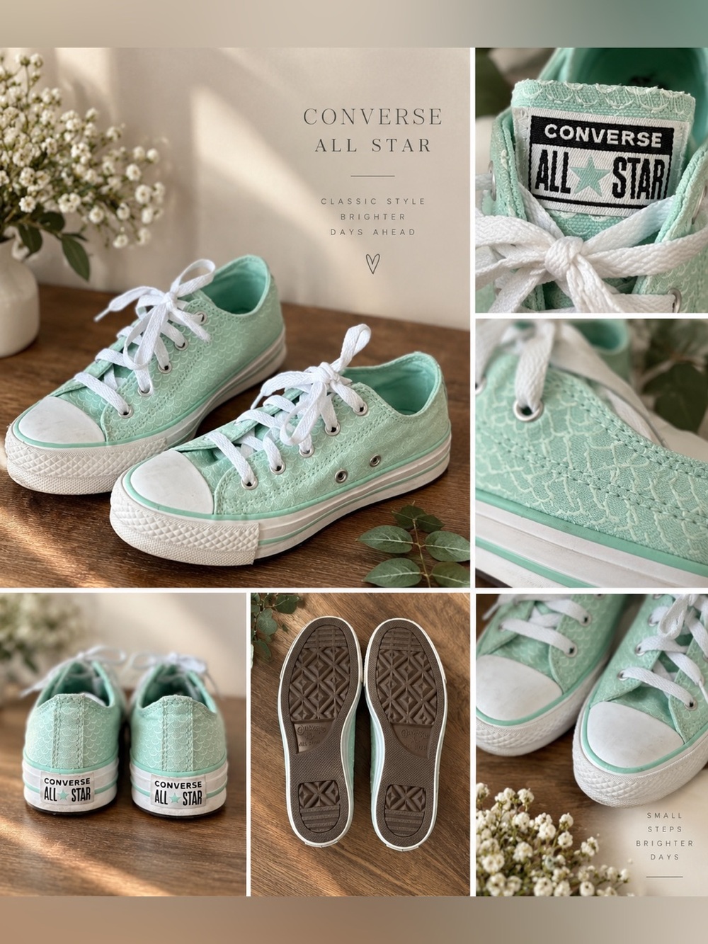 Converse All Star Youth Mint Green Textured Sneakers Size 2